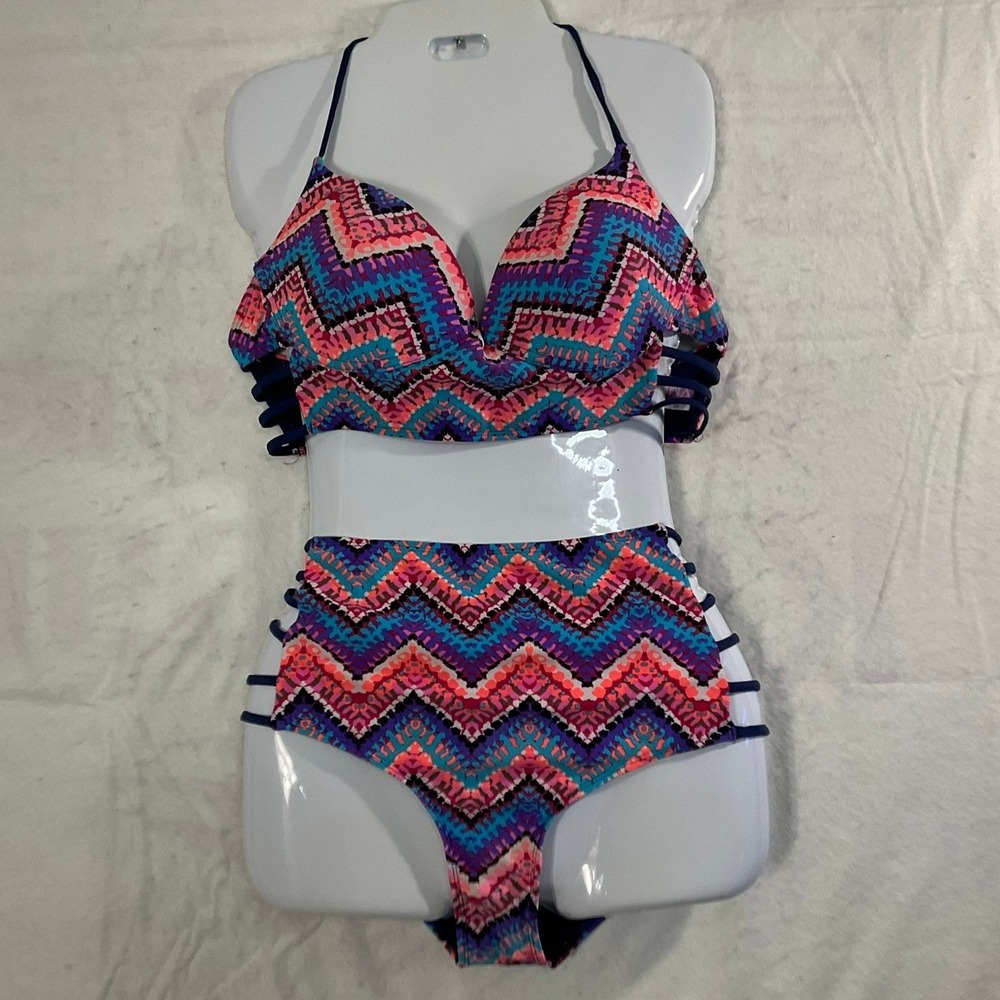 YMI Bikini Set Womens XL Multicolor Chevron High Waist Caged Two Piece Swimsuit